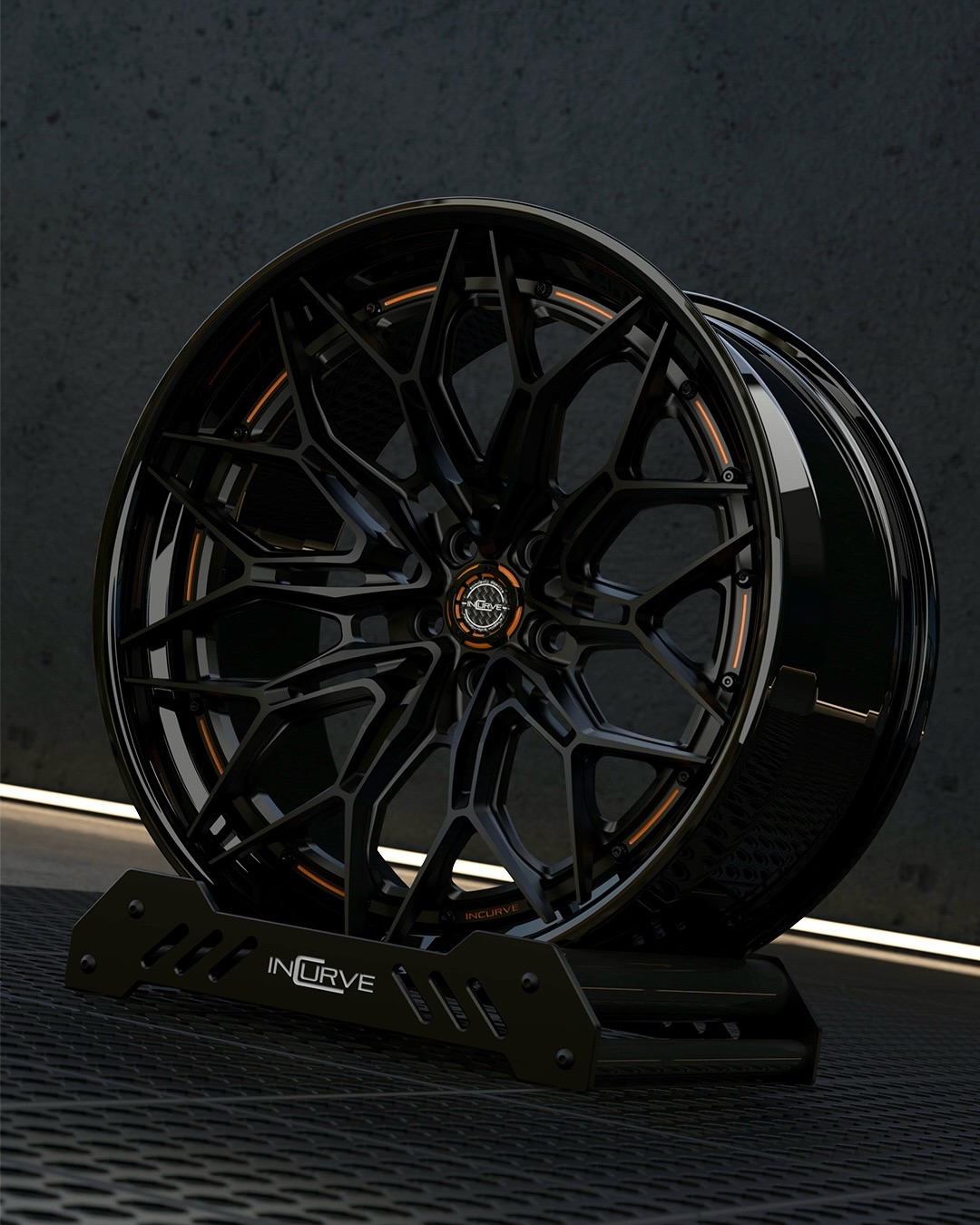 Incurve forged wheel with gloss black mesh spokes and bronze accent detailing